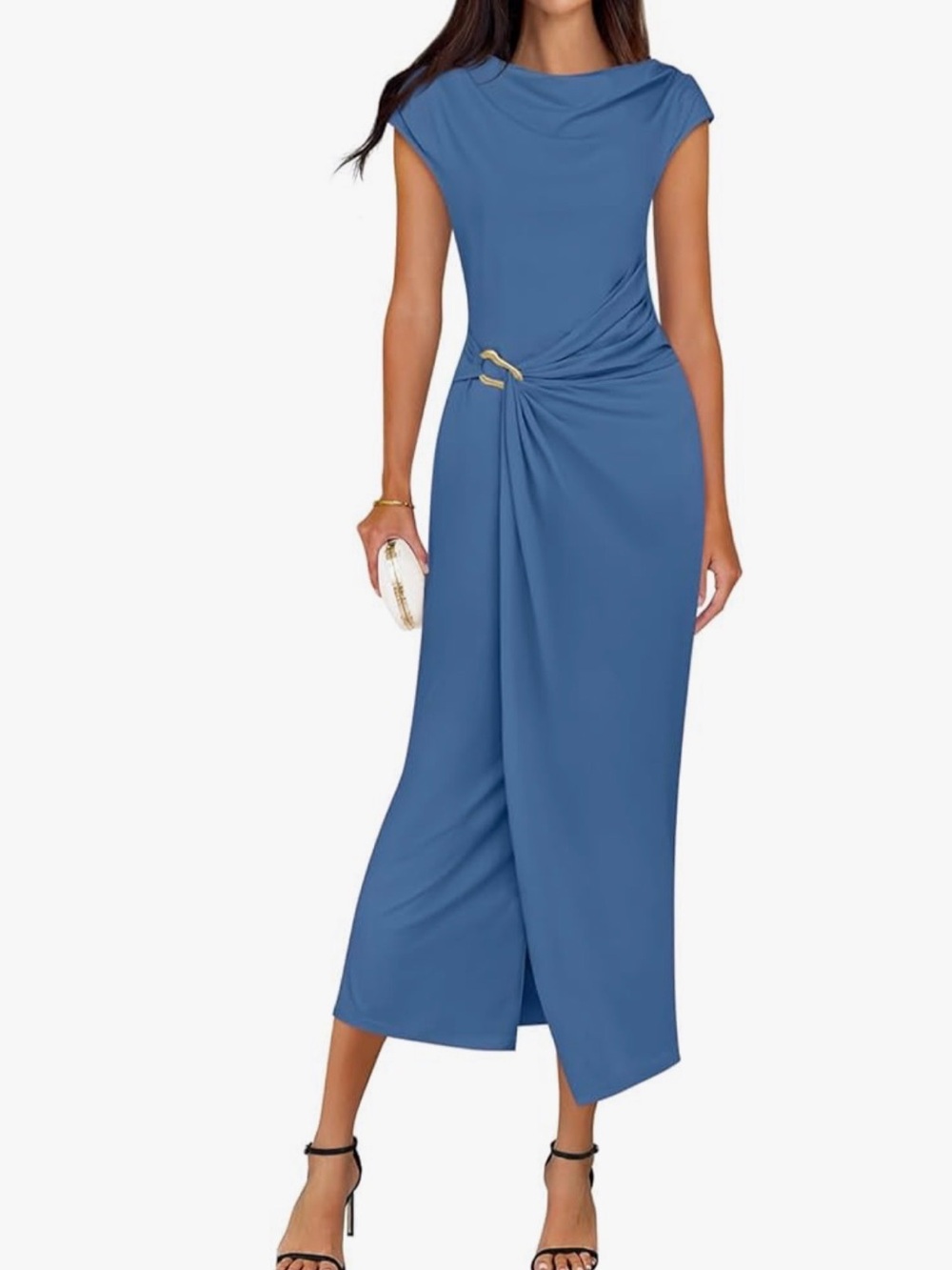 Zara Cobalt Blue Draped Midi Dress with Side Ring